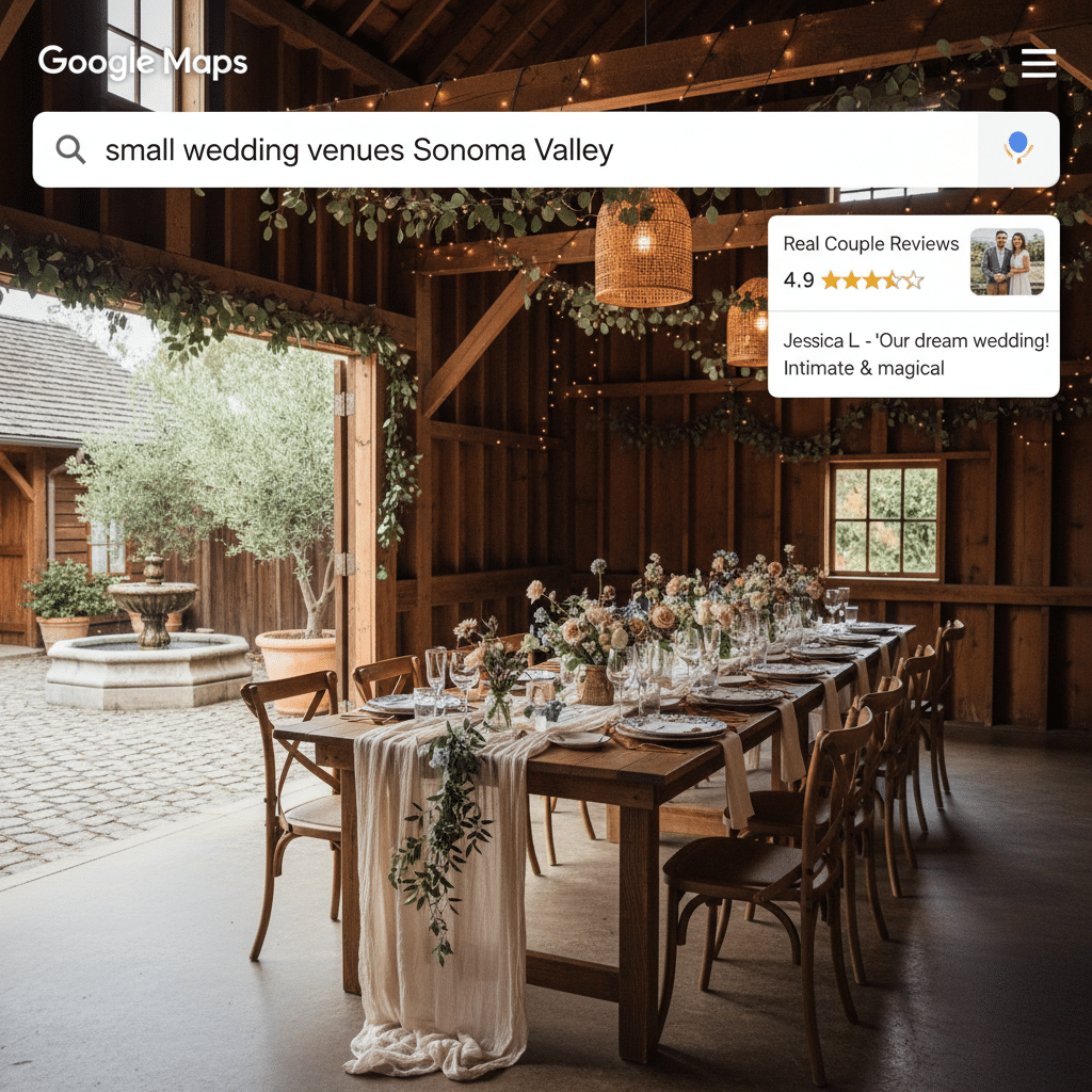 ai-photo-studio-1763409447758-2 Rustic small wedding venue Sonoma Valley with elegant table setting, floral decor, and ambient lighting ideal for intimate ceremonies. | Sky Rye Design Rustic small wedding venue Sonoma Valley with elegant table setting, floral decor, and ambient lighting ideal for intimate ceremonies.