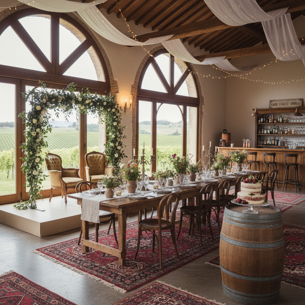 ai-photo-studio-1763409449223-1 Rustic vineyard wedding setup with wooden tables, floral decor, and large windows offering vineyard views. Cozy, elegant ambiance. | Sky Rye Design Rustic vineyard wedding setup with wooden tables, floral decor, and large windows offering vineyard views. Cozy, elegant ambiance.