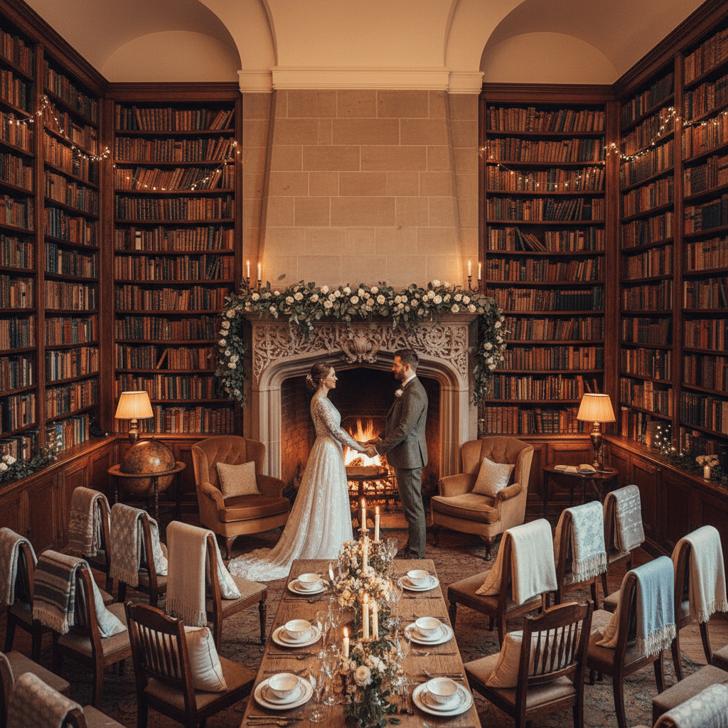 ai-photo-studio-1763409491727-1 Couple stands by a fireplace in a cozy library setting, surrounded by elegant decor and a table set for a romantic dinner. | Sky Rye Design Couple stands by a fireplace in a cozy library setting, surrounded by elegant decor and a table set for a romantic dinner.