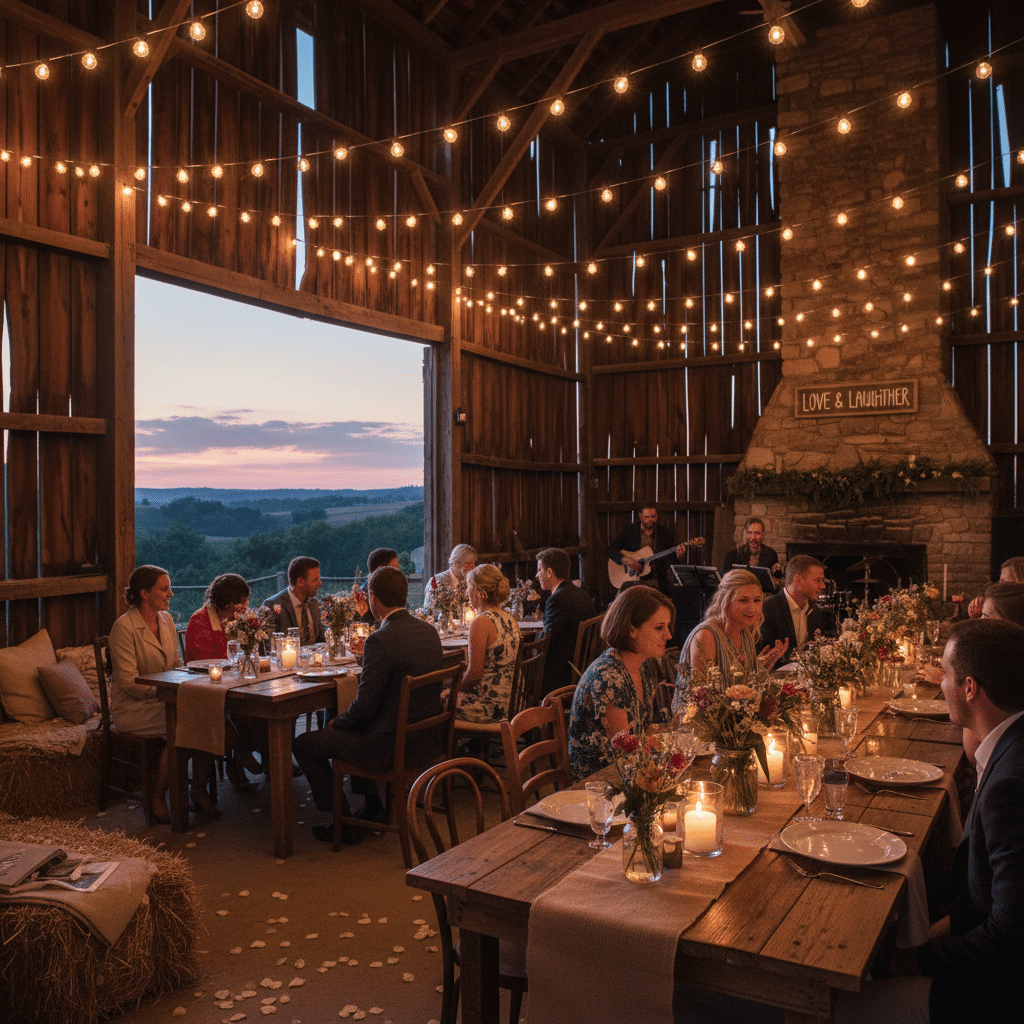 ai-photo-studio-1763409503524-1 Rustic barn wedding dinner at sunset with candlelit tables, string lights, and guests enjoying the cozy, romantic ambiance. | Sky Rye Design Rustic barn wedding dinner at sunset with candlelit tables, string lights, and guests enjoying the cozy, romantic ambiance.