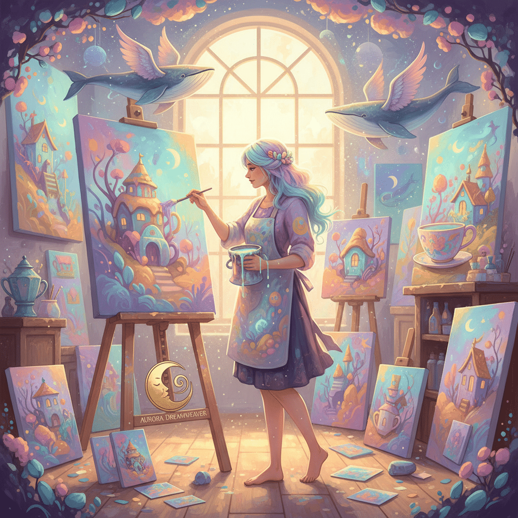 Artist painting a whimsical fantasy scene in a sunlit studio, surrounded by vibrant, colorful artworks of dreamy houses and flying whales.