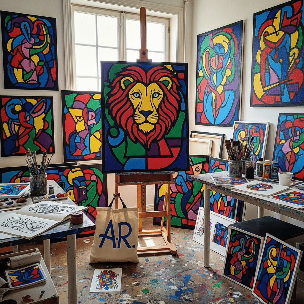 Art studio with vibrant, abstract lion painting on easel, surrounded by colorful artworks and painting supplies in a creative setting.