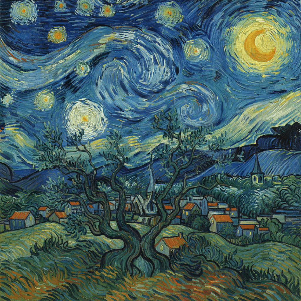 Starry night sky over a village with swirling clouds and bright stars, featuring a large cypress tree in the foreground.