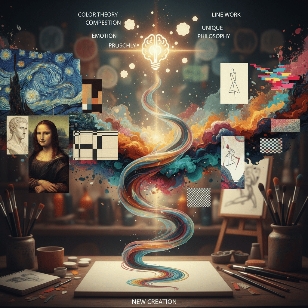 Creative art concept showcasing color theory, composition, and emotions, blending classic and modern styles into a unique masterpiece.