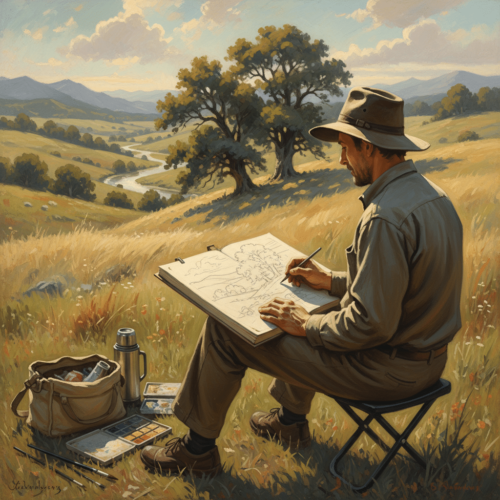 Artist sketching a landscape in a sunny meadow, surrounded by art supplies, with rolling hills and trees in the background.