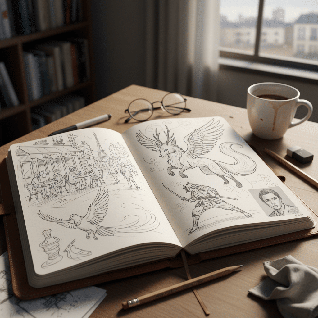 Open sketchbook with artistic drawings, including mythical creatures, a samurai, and a Paris café scene, on a wooden desk with coffee.