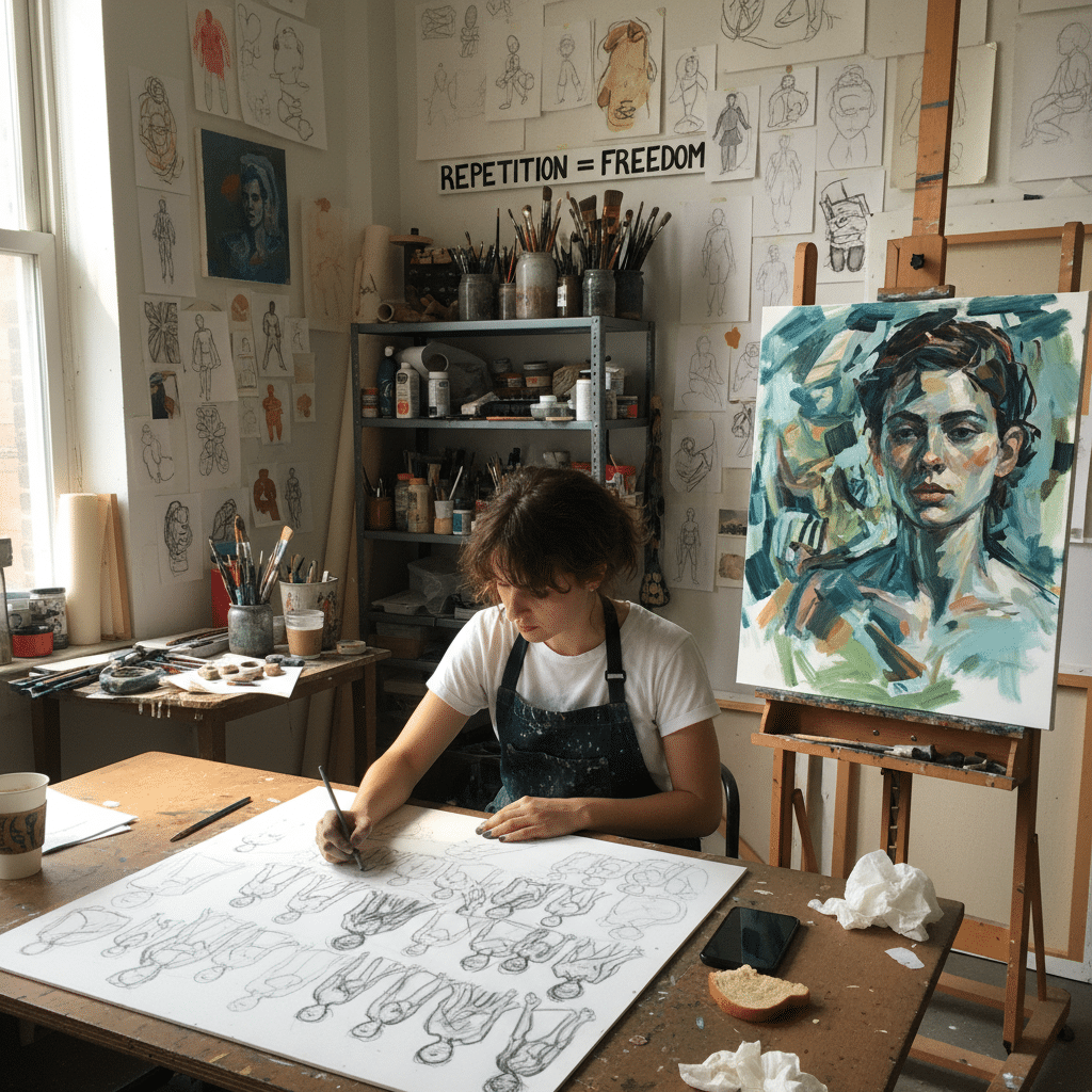 Artist sketching in a studio surrounded by paintings and drawings, embodying Repetition = Freedom theme. Creative workspace scene.