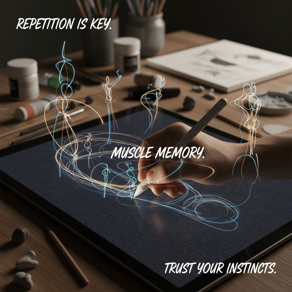 Digital art process on tablet with pencil, highlighting concepts of repetition, muscle memory, and instinct in a creative workspace.