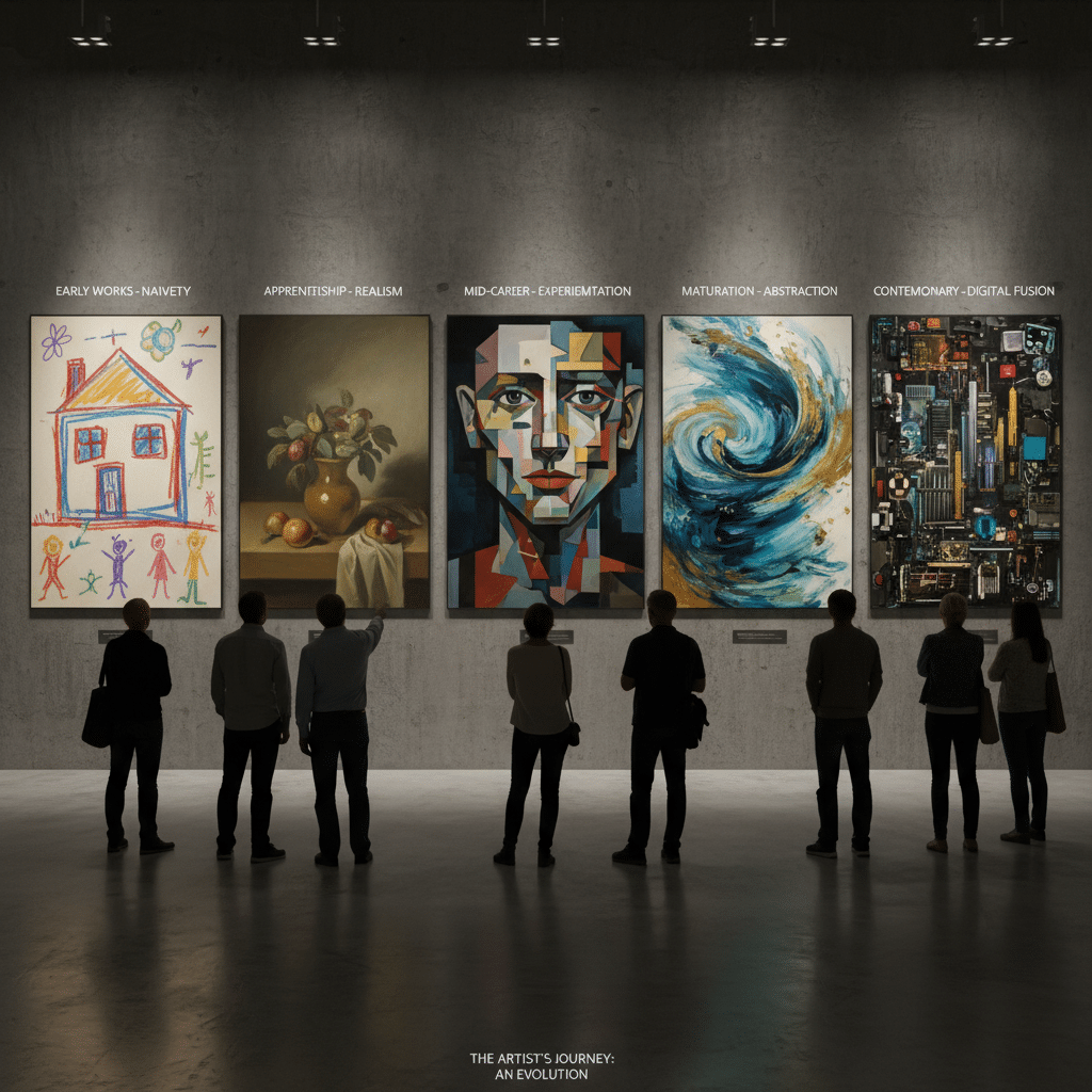Visitors admire diverse artworks depicting an artist's journey from naivety to digital fusion in a modern gallery setting.