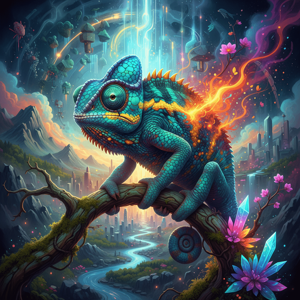 Colorful chameleon on a branch amidst a fantasy landscape with vibrant crystals and a glowing city in the background.