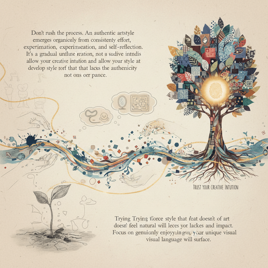 Illustrative journey of artistic growth: Tree of creativity, evolving from experimentation and self-reflection. Trust your intuition.