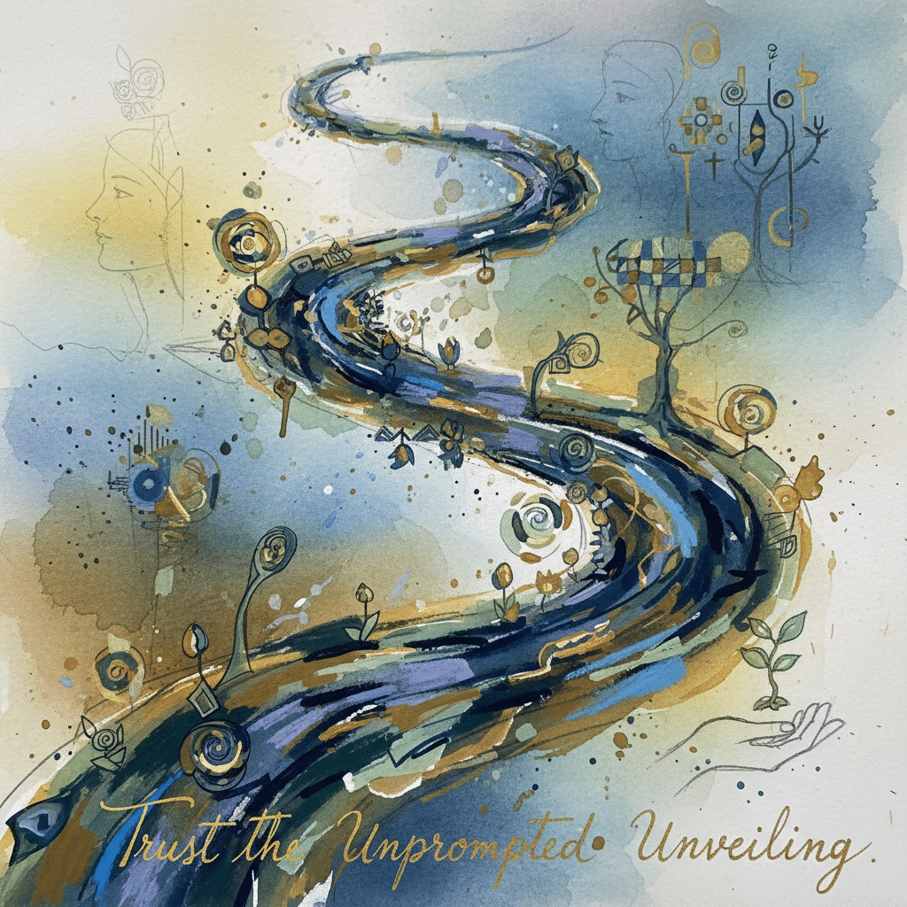 Artistic winding path with abstract faces and symbols, watercolor style. Text: Trust the Unprompted Unveiling. Blue and gold hues.
