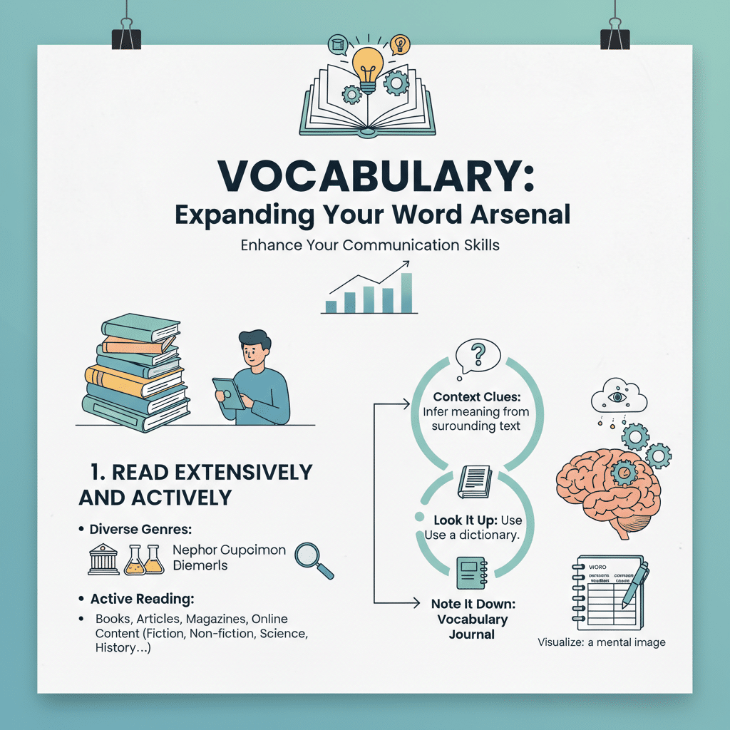 ai-photo-studio-1763461698654-1 Infographic on expanding vocabulary. Tips include reading diverse genres, using context clues, dictionary, and keeping a vocabulary journal. | Sky Rye Design Infographic on expanding vocabulary. Tips include reading diverse genres, using context clues, dictionary, and keeping a vocabulary journal.