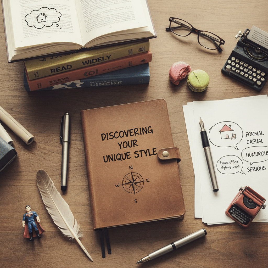 ai-photo-studio-1763463634304-1 Notebook with Discovering Your Unique Style on a desk surrounded by books, pens, a typewriter, macarons, and papers. | Sky Rye Design Notebook with Discovering Your Unique Style on a desk surrounded by books, pens, a typewriter, macarons, and papers.