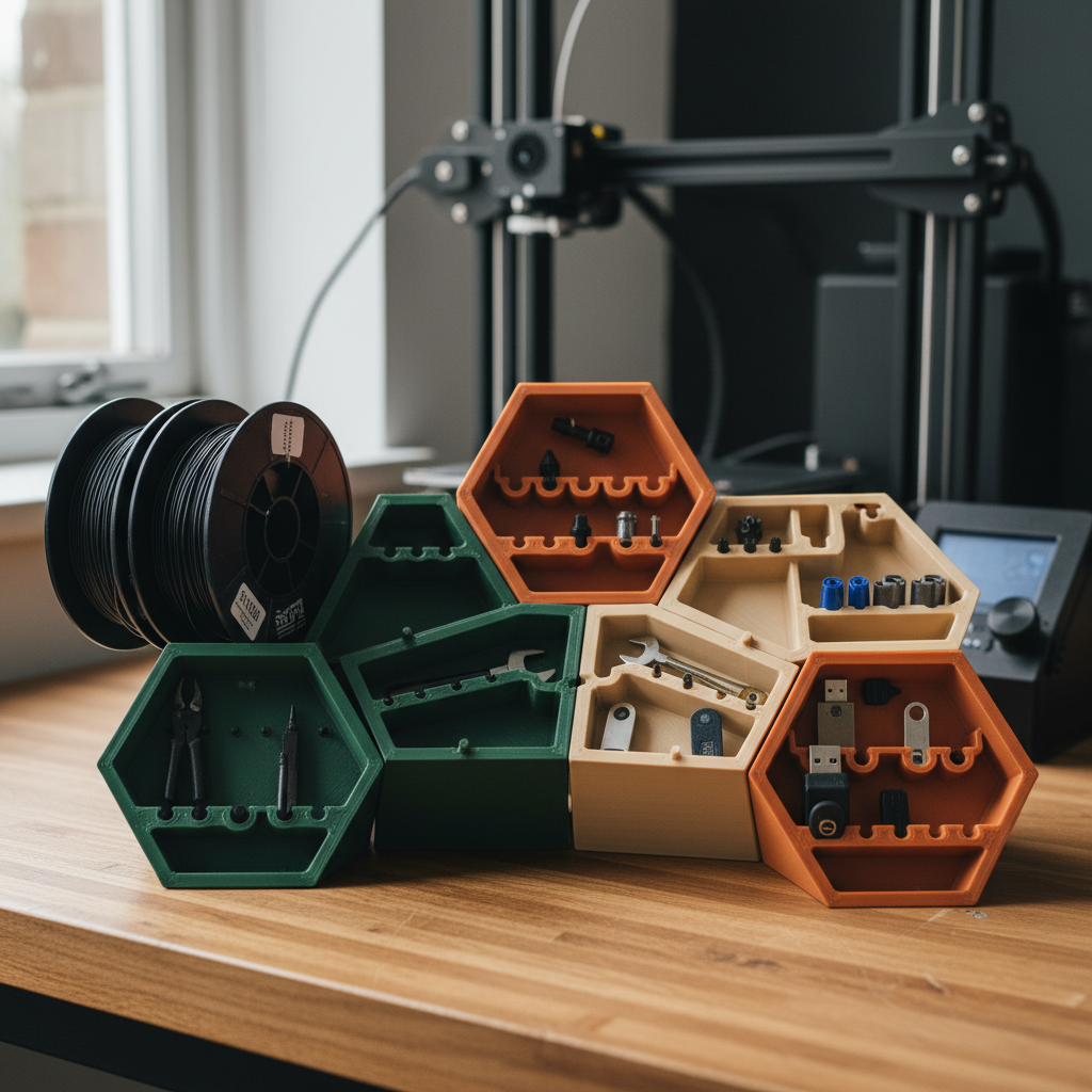 Hexagonal 3D printed tool organizers with various tools on a wooden desk, accompanied by a 3D printer and filament spools.