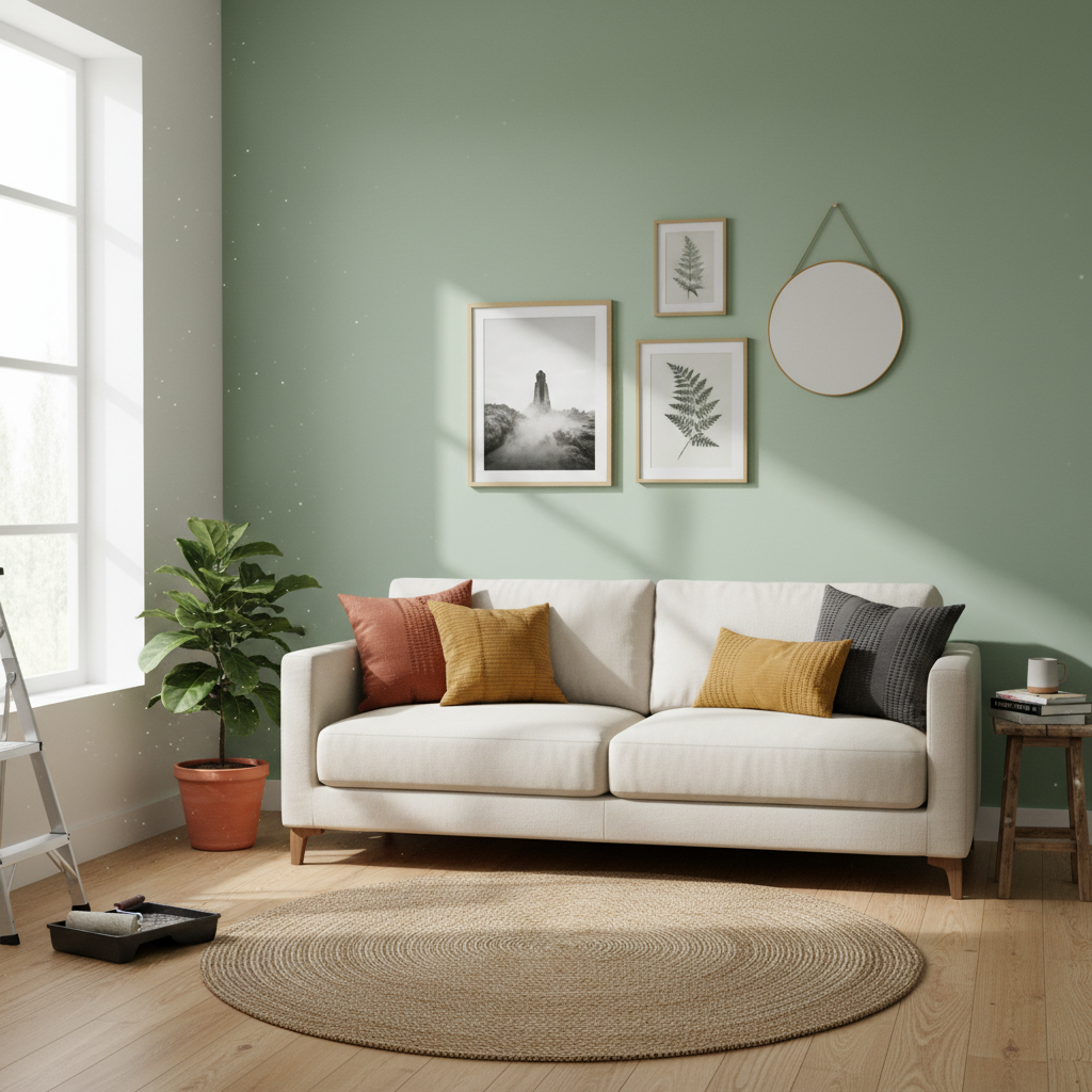 ai-photo-studio-1763474464747-1 Modern living room with a beige sofa, colorful cushions, plants, and framed art on a sage green wall, bathed in natural light. | Sky Rye Design Modern living room with a beige sofa, colorful cushions, plants, and framed art on a sage green wall, bathed in natural light.