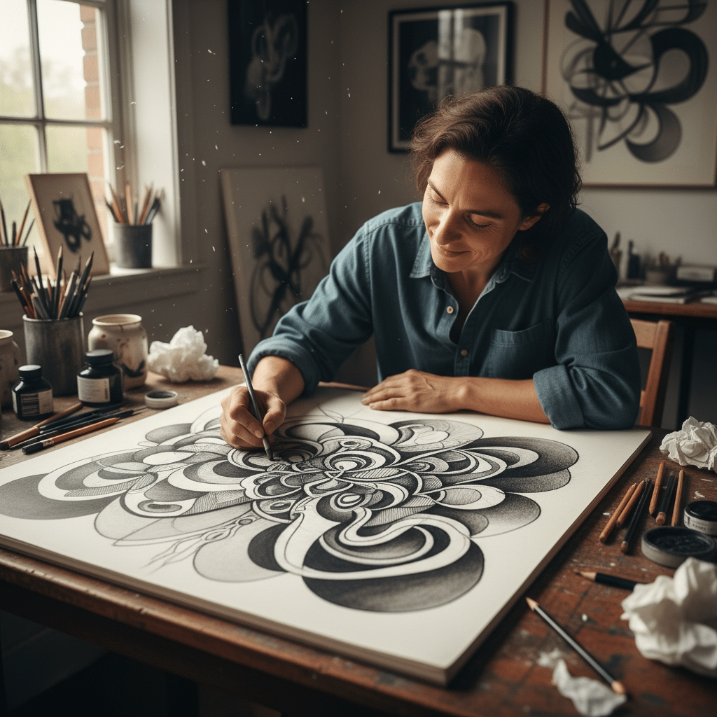 Artist drawing intricate abstract design in sketchbook at a studio desk, surrounded by art supplies, focused and inspired.
