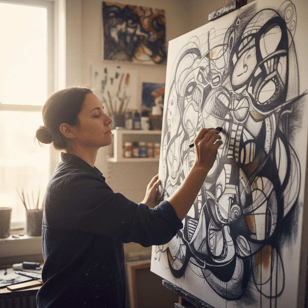 Artist painting an abstract black and white piece on canvas in a sunlit studio, surrounded by brushes and art supplies.