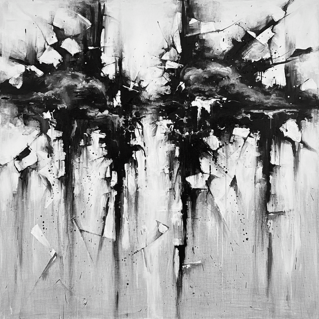 Abstract black and white artwork with bold brush strokes and fragmented shapes, creating a dynamic, chaotic feel against a textured canvas.