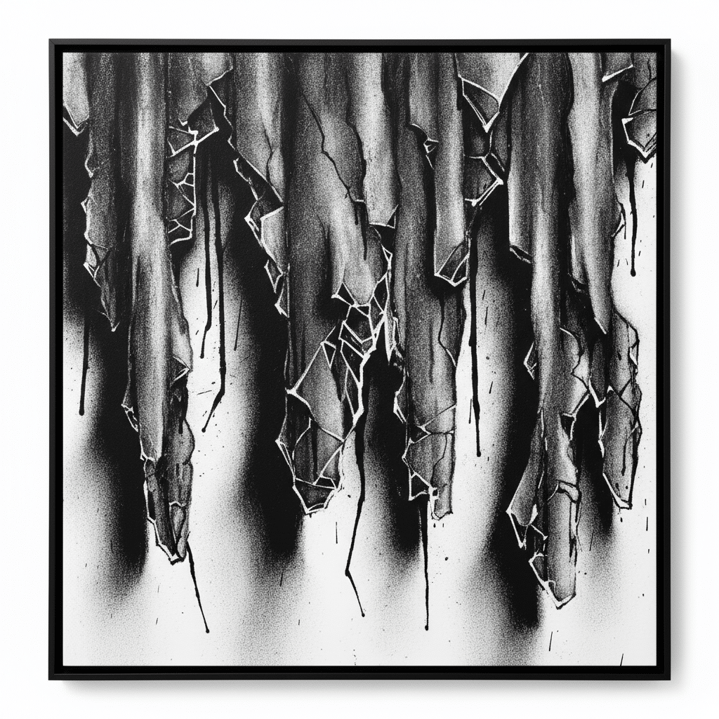 Abstract monochrome art with jagged shapes and textured drips, creating an edgy contrast of black and white. Perfect for modern decor.