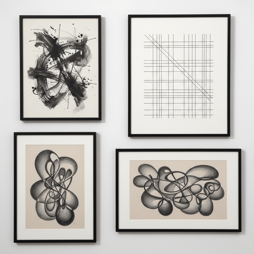 Four framed abstract art pieces with various geometric and swirling designs on a white wall.