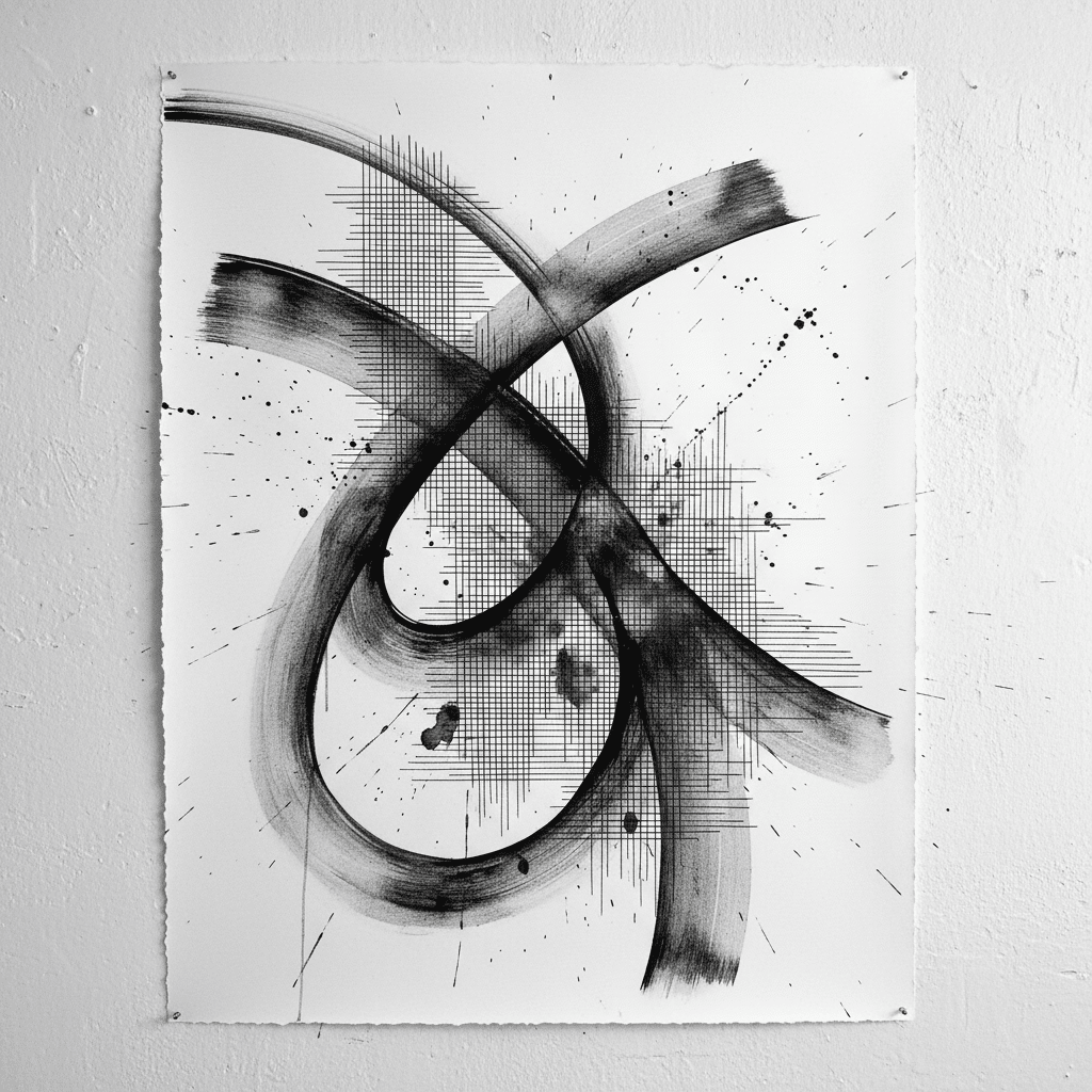 Abstract black ink brushstrokes and grid patterns on white canvas, creating dynamic movement and texture. Modern art expression.