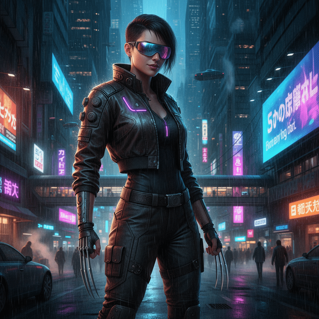 Futuristic street scene with a woman in cyberpunk attire, wearing glasses, and sporting claw-like gloves, surrounded by neon-lit buildings.