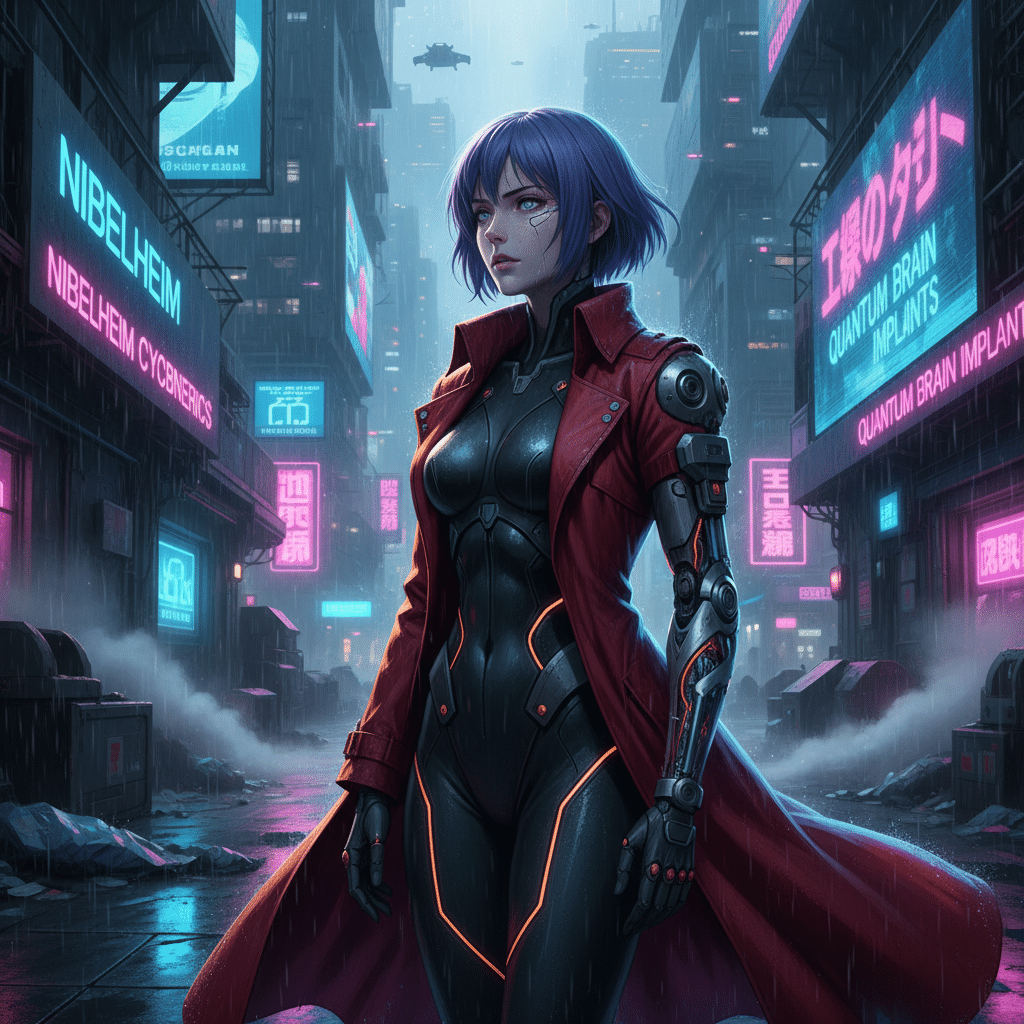 Futuristic cityscape with a cyborg woman in a red coat, neon signs, and cyberpunk aesthetics on a rainy street.