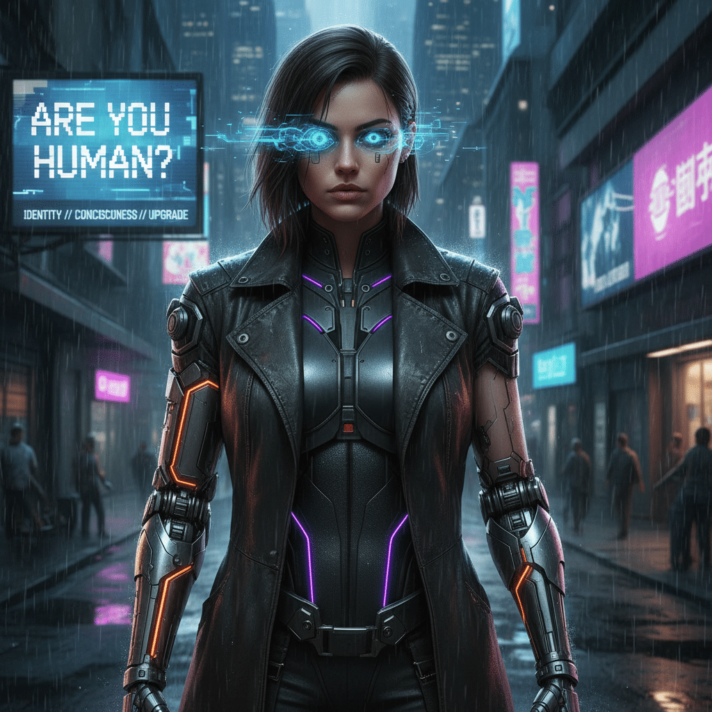 Cyborg woman in futuristic cityscape with glowing blue eyes and mechanical arm, standing under neon signs and rain, questioning humanity.