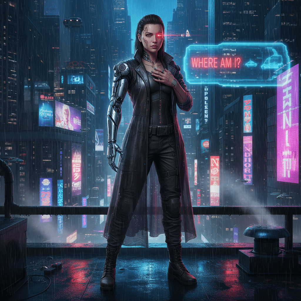 Cyborg standing in neon-lit futuristic cityscape, questioning existence with Where am I? in glowing text, embodying cyberpunk vibes.