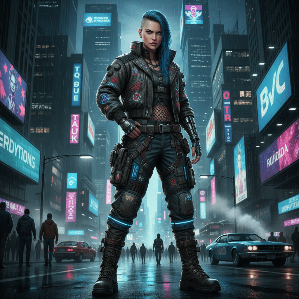 Cyberpunk character in futuristic cityscape; edgy fashion with blue mohawk, tactical gear, neon signs illuminating street.