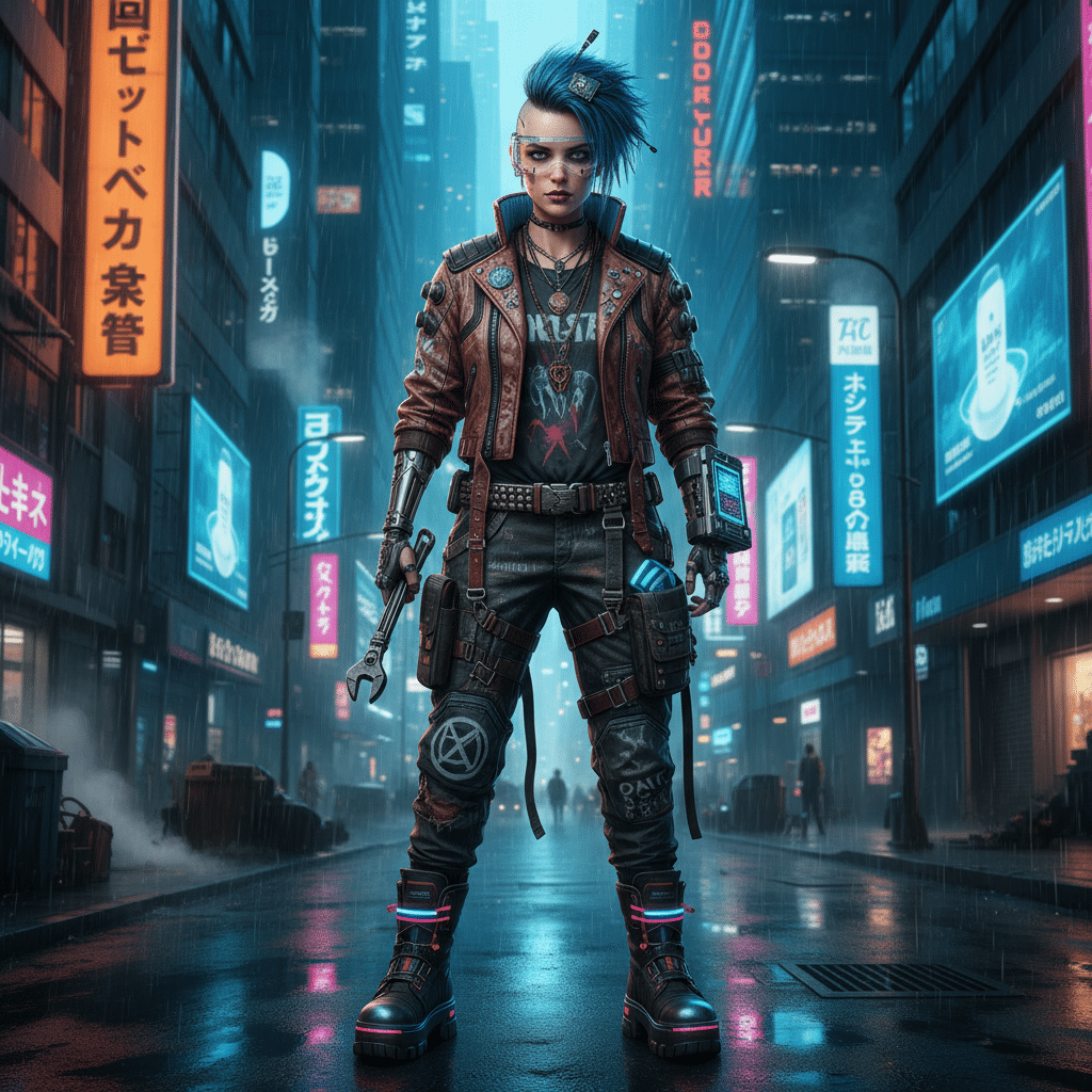 Cyberpunk character with blue mohawk in futuristic city street, holding wrench, wearing leather jacket and neon-lit boots at night.