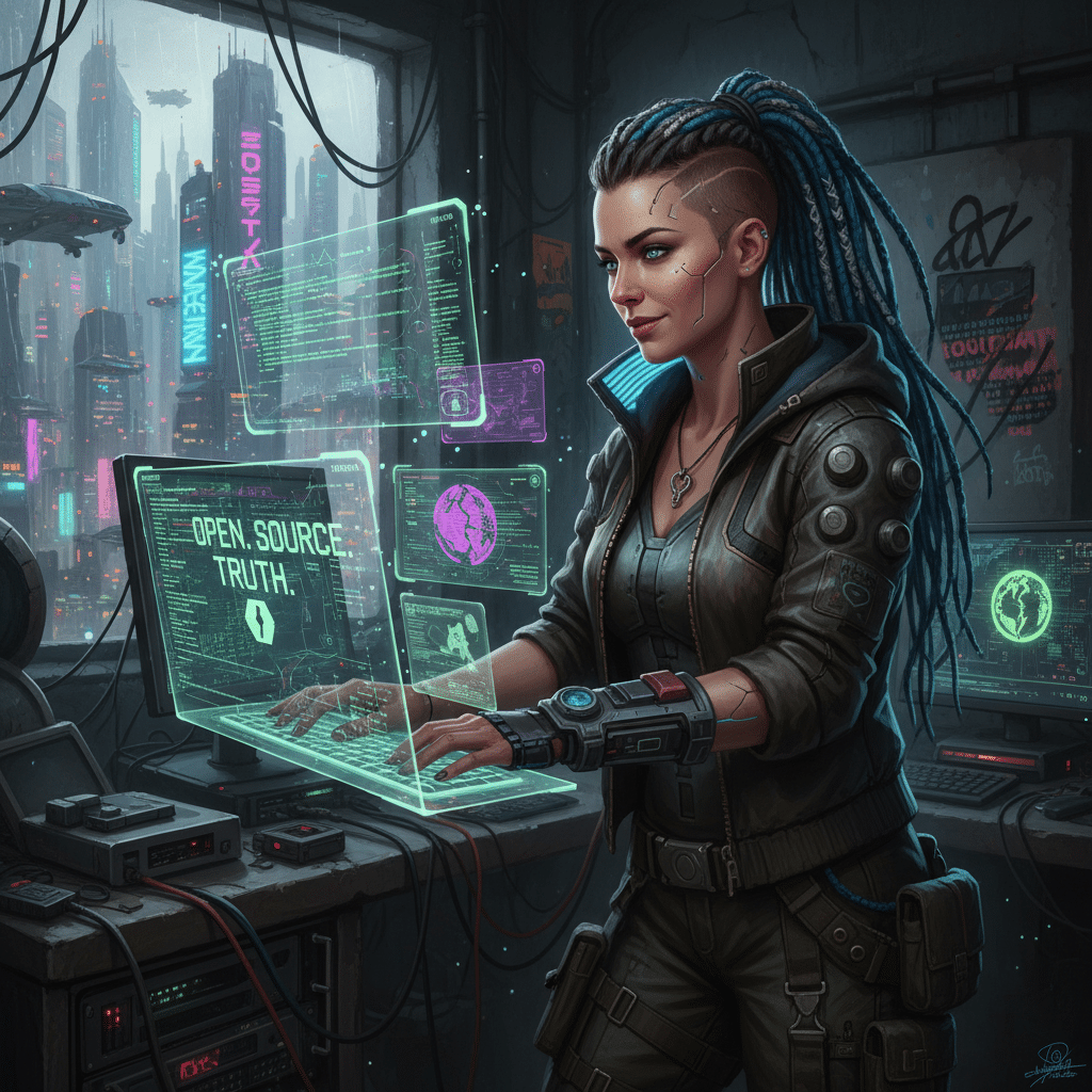 Cyberpunk character with braids working on a holographic interface in a futuristic cityscape, highlighting Open. Source. Truth.
