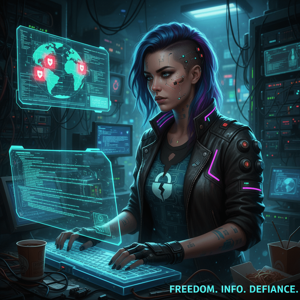Cyberpunk hacker with blue hair in futuristic lab, typing on holographic keyboard surrounded by digital screens. Text: Freedom. Info. Defiance.