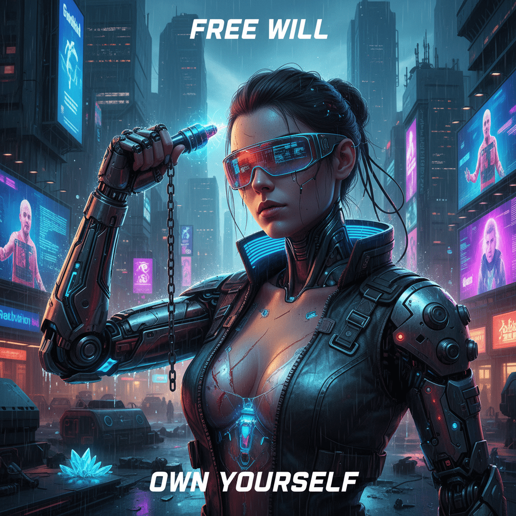 Futuristic cyberpunk woman with neon glasses and cybernetic arm in a neon-lit cityscape, embodying the concept of Free Will, Own Yourself.