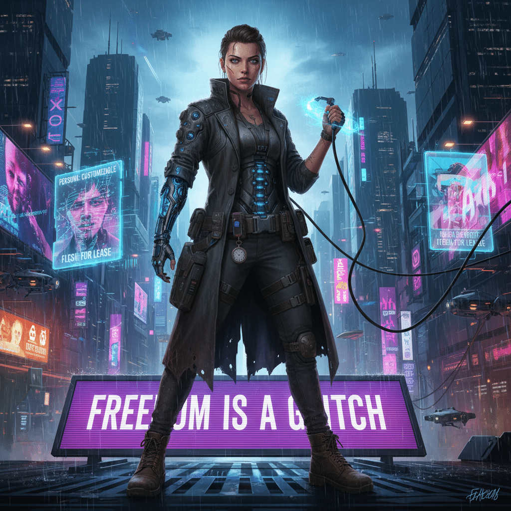 Futuristic cyberpunk warrior with a robotic arm in a neon-lit cityscape, holding glowing wires. Sign reads Freedom is a Glitch.