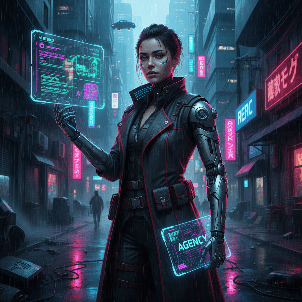 Futuristic cyborg woman in neon-lit city holding a digital interface, showcasing advanced technology in a cyberpunk setting.