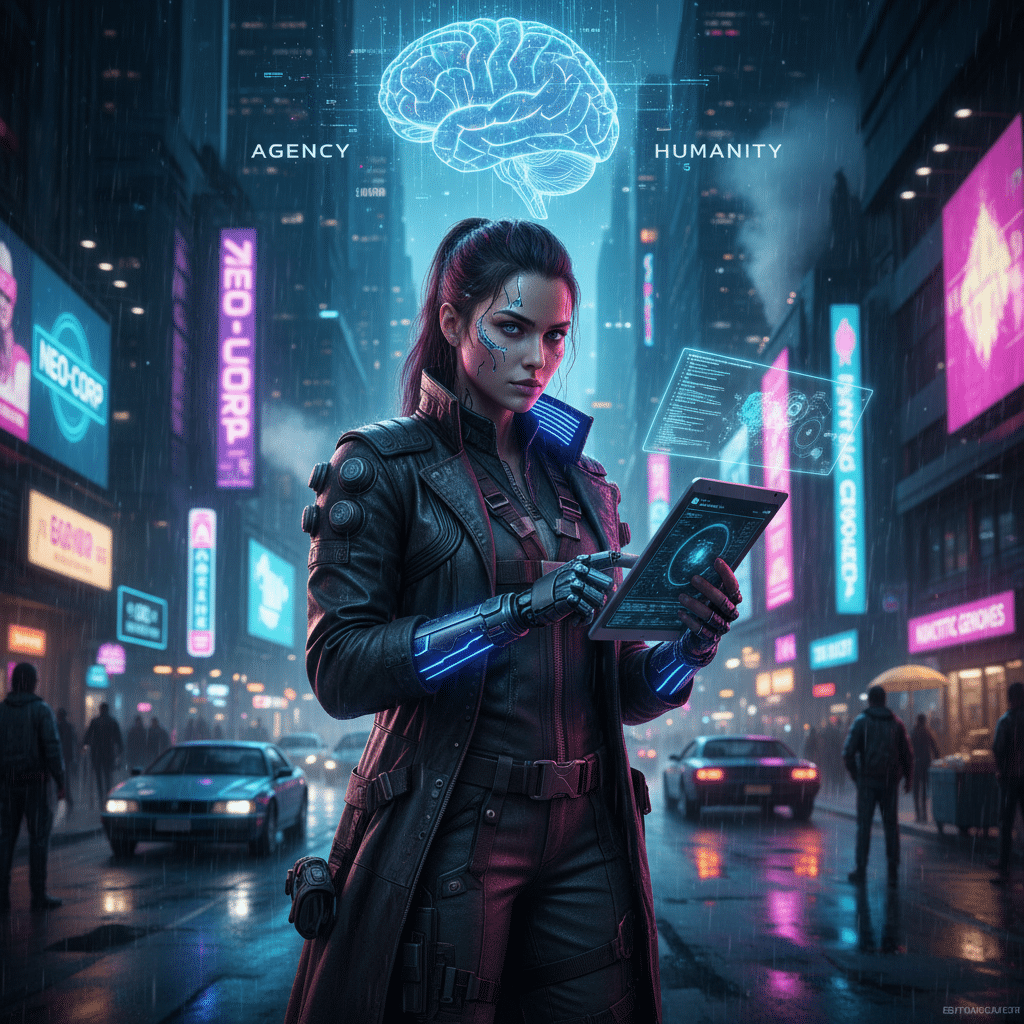 Futuristic cyberpunk scene with a woman using a holographic tablet in a neon-lit city, showcasing advanced tech and AI themes.