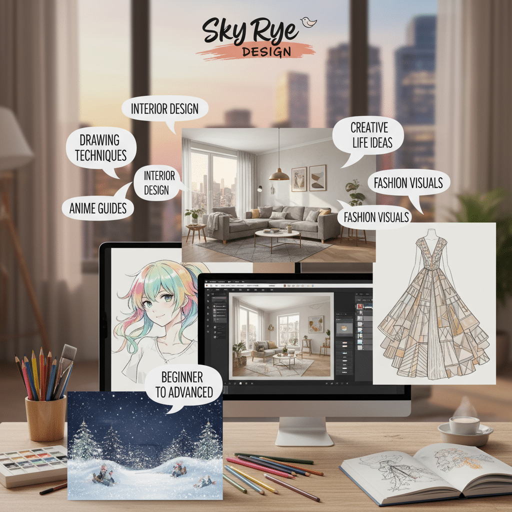 ai-photo-studio-1763562432970-1 Computer desk with Sky Rye Design materials: interior design, fashion sketches, and anime art. Tools for creative learning displayed. | Sky Rye Design Computer desk with Sky Rye Design materials: interior design, fashion sketches, and anime art. Tools for creative learning displayed.