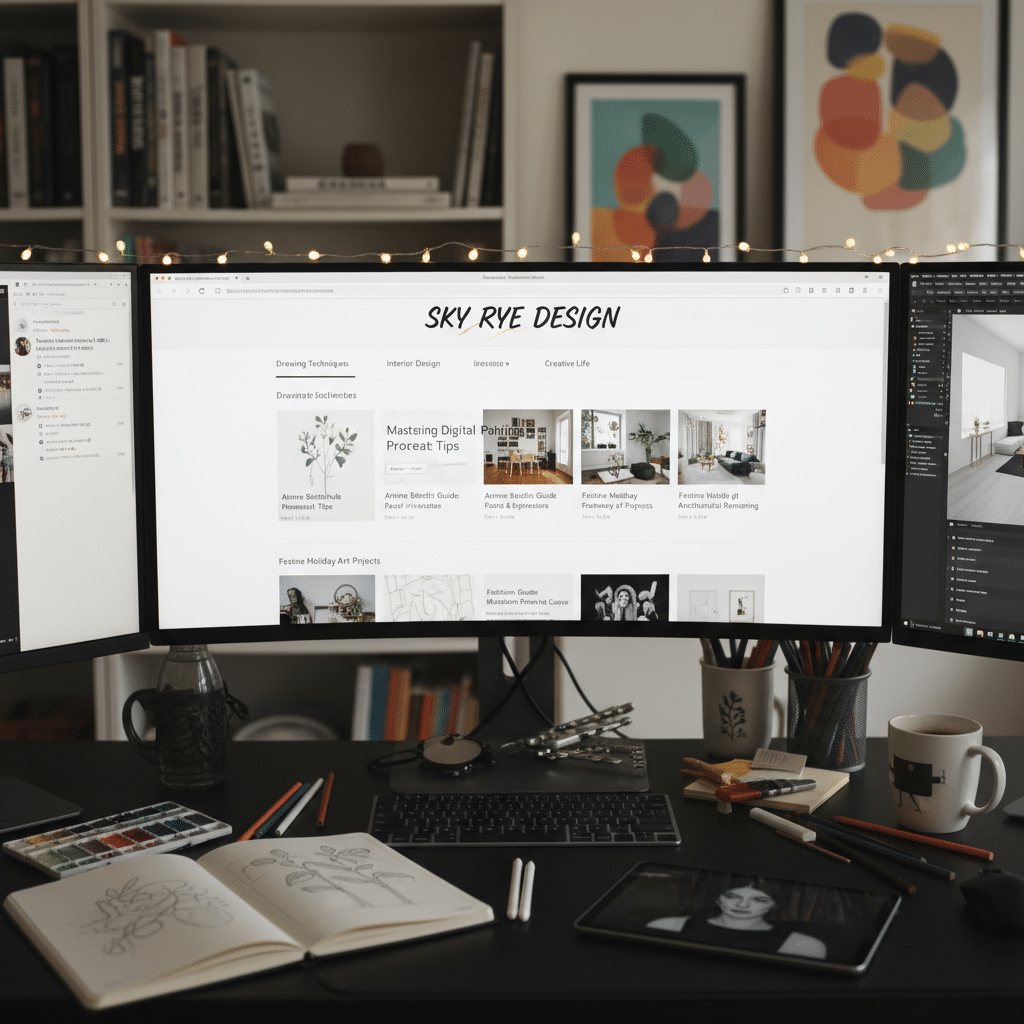 ai-photo-studio-1763562434387-2 Dual monitors on a creative workspace desk displaying a design blog, surrounded by drawing tools and inspirational decor. | Sky Rye Design Dual monitors on a creative workspace desk displaying a design blog, surrounded by drawing tools and inspirational decor.