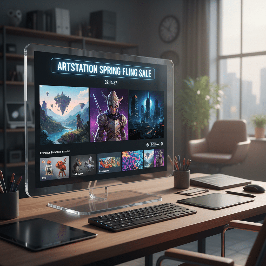 ai-photo-studio-1763562480426-1 Computer screen displaying ArtStation Spring Fling Sale countdown and digital art in a modern, well-lit office with city view. | Sky Rye Design Computer screen displaying ArtStation Spring Fling Sale countdown and digital art in a modern, well-lit office with city view.