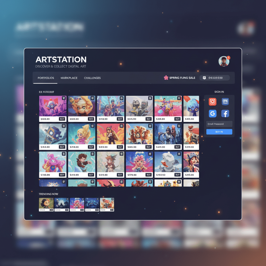 ai-photo-studio-1763562481764-2 ArtStation marketplace interface showcasing vibrant digital artworks for sale, featuring user login options and social media links. | Sky Rye Design ArtStation marketplace interface showcasing vibrant digital artworks for sale, featuring user login options and social media links.