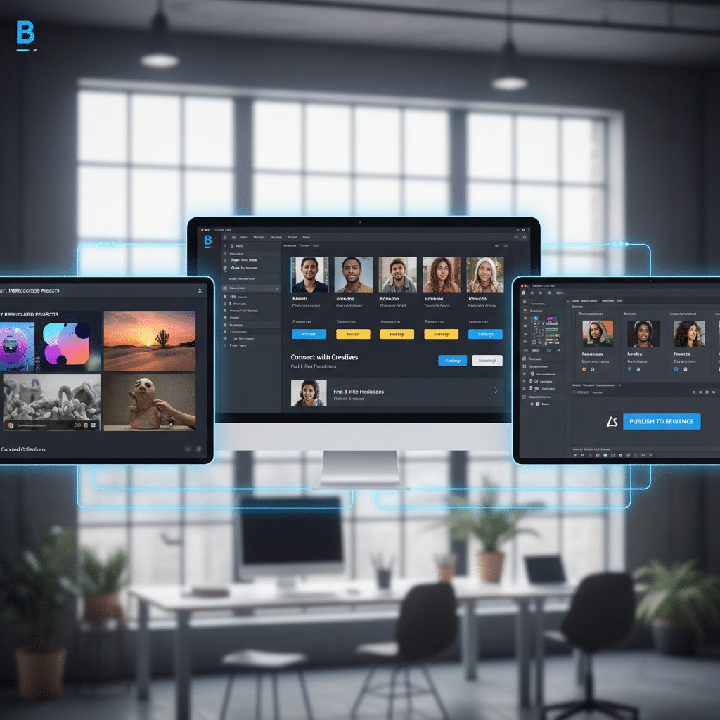 ai-photo-studio-1763562533097-1 Digital creative workspace with three screens showcasing design software and profile interfaces in a modern office setting. | Sky Rye Design Digital creative workspace with three screens showcasing design software and profile interfaces in a modern office setting.