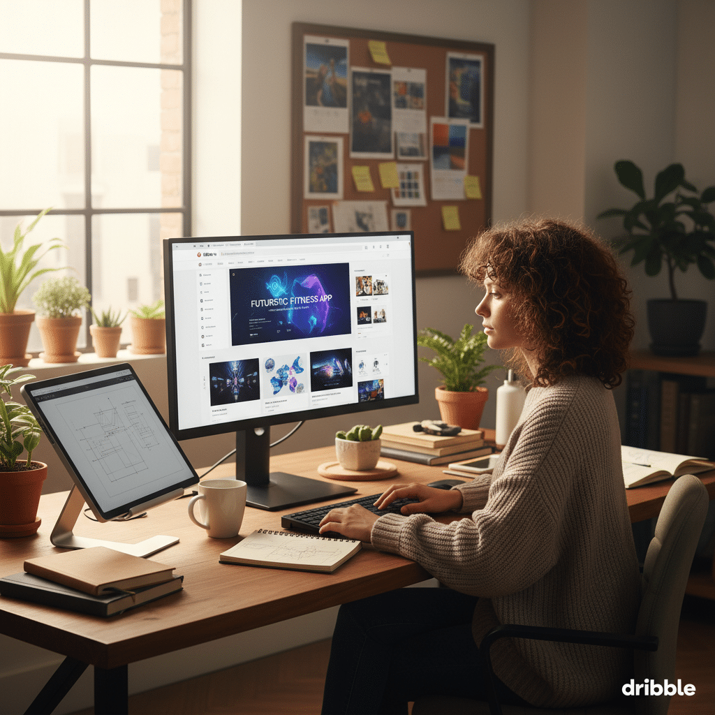 ai-photo-studio-1763562613566-1 Designer working at a desk with dual screens, plants, and a notebook, focused on a futuristic fitness app project in a modern office. | Sky Rye Design Designer working at a desk with dual screens, plants, and a notebook, focused on a futuristic fitness app project in a modern office.