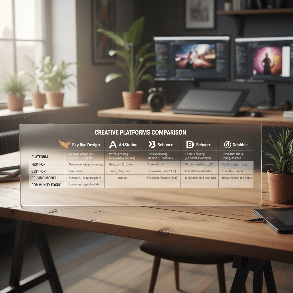 ai-photo-studio-1763562679098-1 Creative platform comparison chart on a desk with computer screens in a modern workspace; platforms include Sky Rye Design, ArtStation, Behance. | Sky Rye Design Creative platform comparison chart on a desk with computer screens in a modern workspace; platforms include Sky Rye Design, ArtStation, Behance.