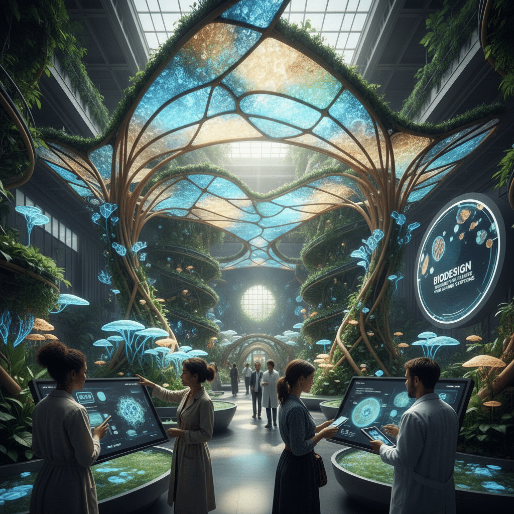 ai-photo-studio-1763563136679-2 Futuristic biodesign lab featuring scientists working with interactive displays, surrounded by lush plants and glowing structures. | Sky Rye Design Futuristic biodesign lab featuring scientists working with interactive displays, surrounded by lush plants and glowing structures.