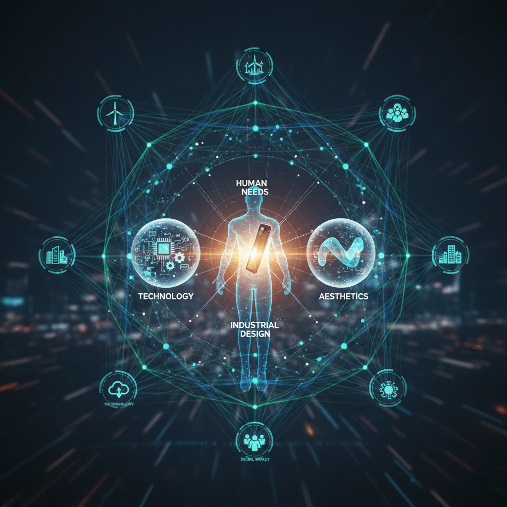 ai-photo-studio-1763563268987-2 Abstract representation of industrial design merging technology, aesthetics, and human needs with futuristic network connections. | Sky Rye Design Abstract representation of industrial design merging technology, aesthetics, and human needs with futuristic network connections.