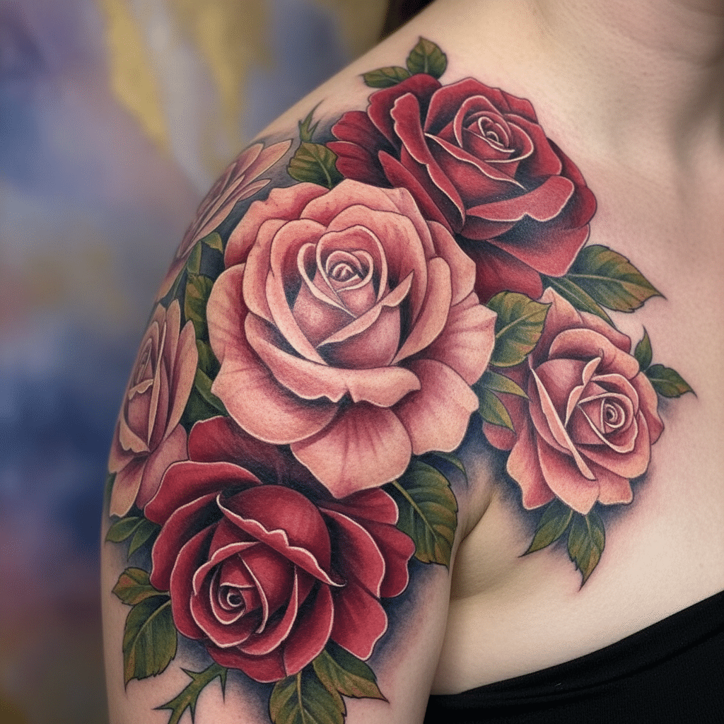 Colorful rose shoulder tattoo showcasing detailed petals and leaves on a woman's skin, set against a blurred background.