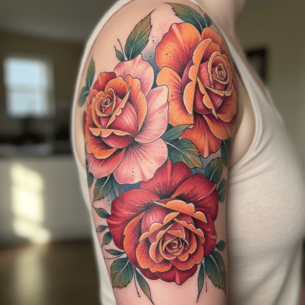 Colorful rose tattoo sleeve on upper arm, featuring vibrant orange, red, and pink roses with green leaves. Ideal for floral tattoo inspiration.