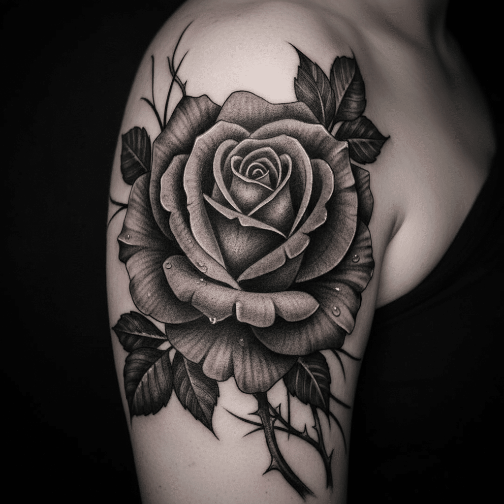 Black and gray rose tattoo on upper arm, featuring detailed petals, leaves, and thorns, blending realism with artistic elegance.